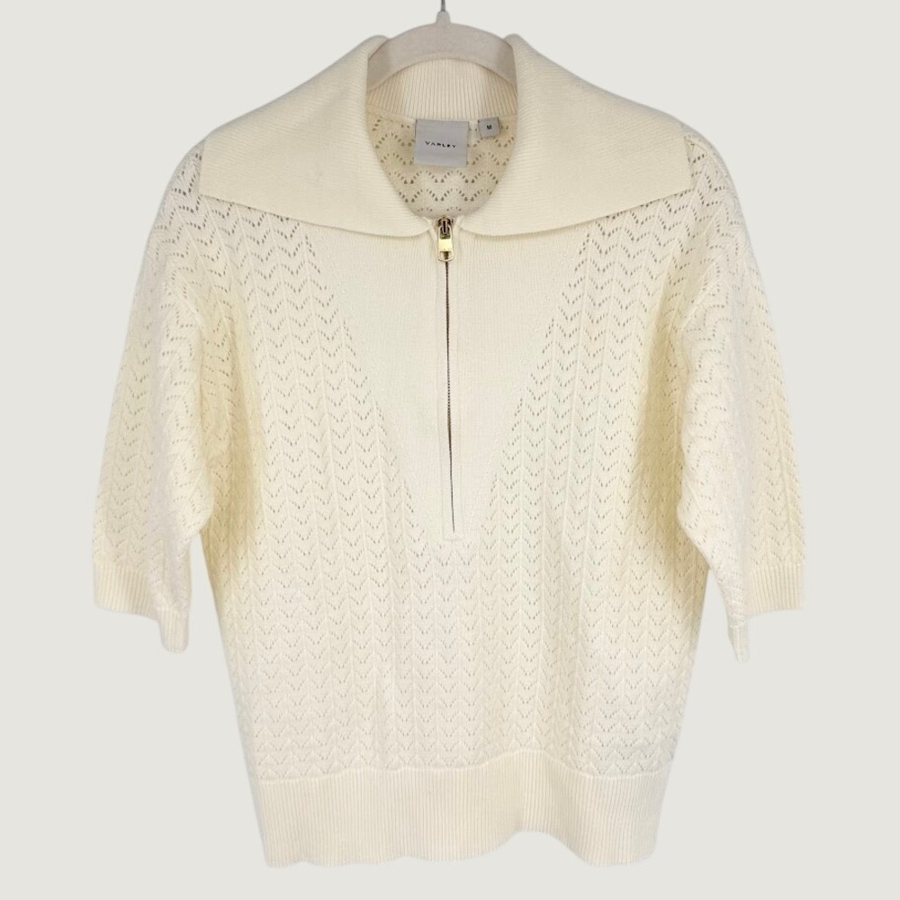 Varley Arney Half Zip Knit Polo Sweater Sz M Egret Cream Pointelle Knit Preppy